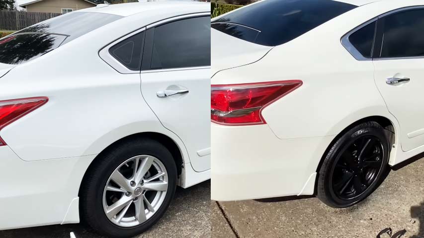 black rims on white car